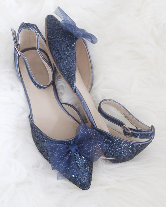 Navy Glitter Evening Shoes Ankle Strap Mesh Bow Pointed Toe Flats