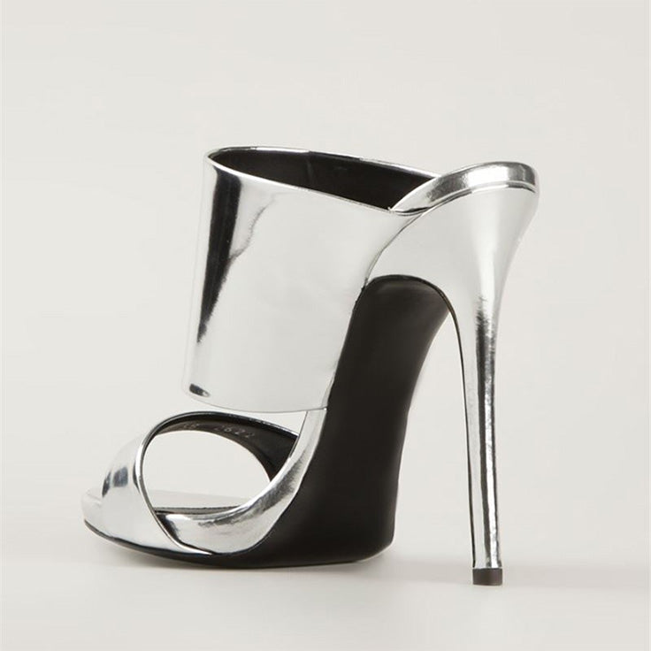 Silver Patent Leather Open Toe Wide Band Stiletto Heel Mules Sandals
