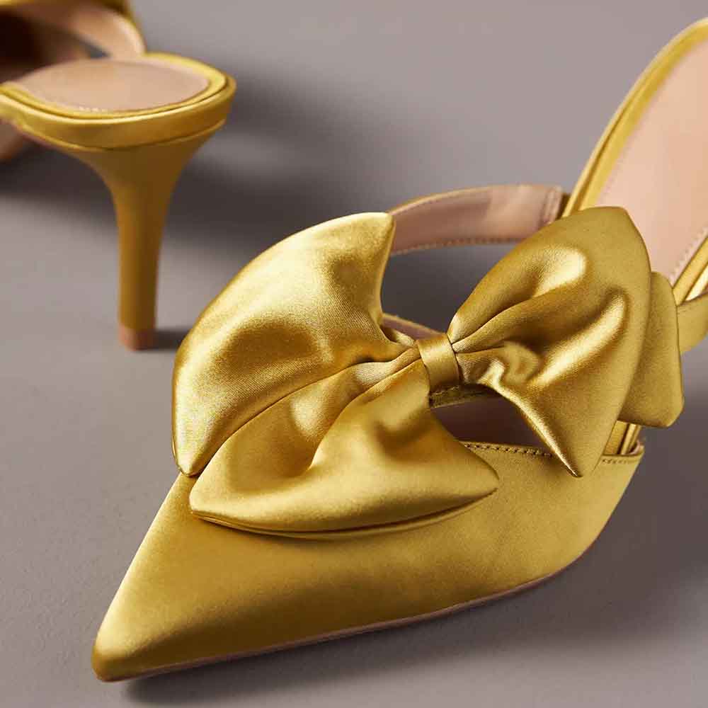 Yellow Satin Pointed Toe Stiletto Heel Mules with Bow