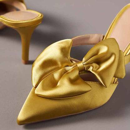 Yellow Satin Pointed Toe Stiletto Heel Mules with Bow