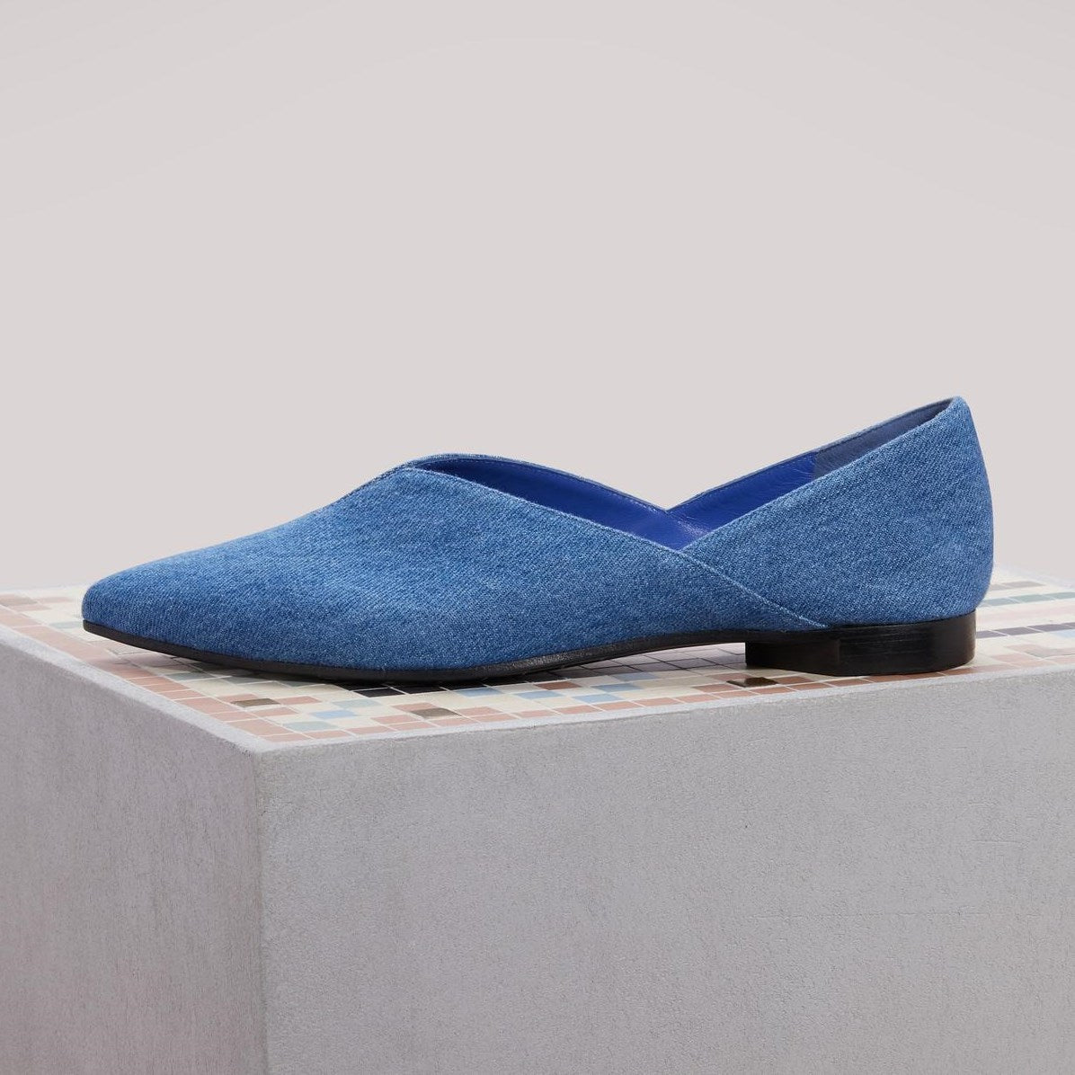 Blue Closed Toe Notched Casual Denim Flats for Women