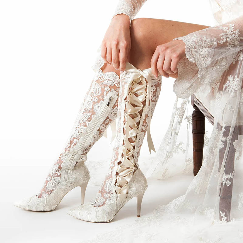 Ivory Lace Wedding Heels Pointed Toe Ribbon Strappy Knee High Boots
