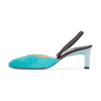 Women's Turquoise Almond Toe Chunky Heel Slingback Pumps