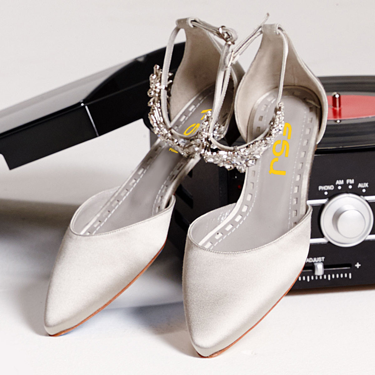 Classy Gray Satin Pointed Toe Ankle Strap Bride Flats with Rhinestone