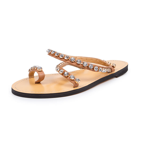 Women's Tan Beach Flats Rhinestone Strappy Toe Ring Sandals