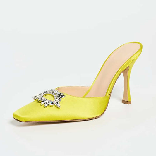 Yellow Square Toe Crystal Embellished Spool Heel Women's Mules Shoes