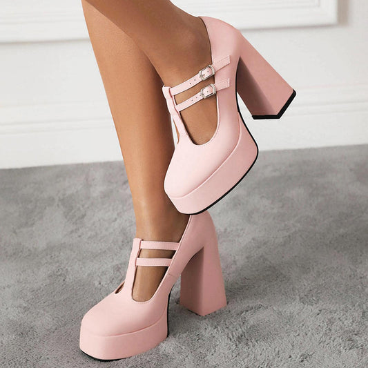 Pink Closed Toe 4'' Chunky Heel Platform Loafers with Buckle