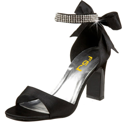 Black Bow Rhinestone Ankle Strap Chunky Heel Dress Sandals for Women