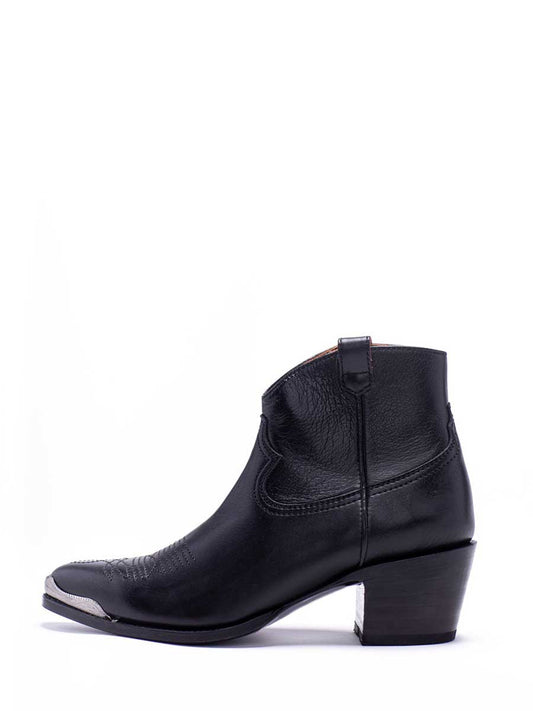 Black Vegan Leather Pointed Toe Chunky Heel Cowgirl Ankle Boots