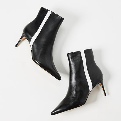 Black Pointy Toe White Stripe Stiletto Heel Ankle Boots