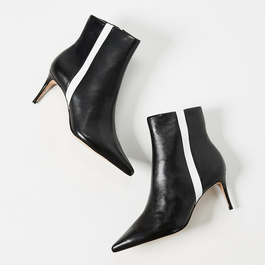 Black Pointy Toe White Stripe Stiletto Heel Ankle Boots