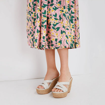 White Platform Mules Criss Cross Straps Wedge Espadrille Sandals