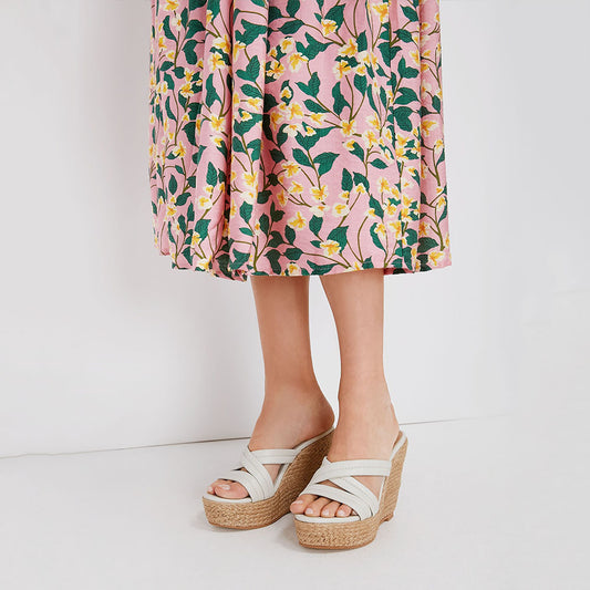 White Platform Mules Criss Cross Straps Wedge Espadrille Sandals