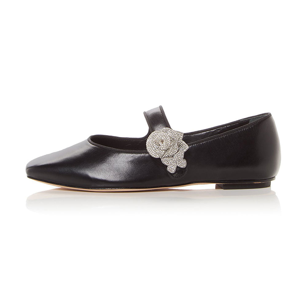 Black Square Toe Rhinestone Flower Strap Women's Dress Flats