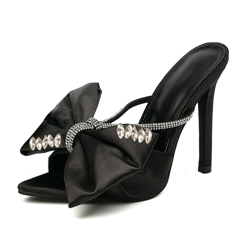 Women's Pointed Toe Rhinestone Strap Black High Heel Mules with Bow