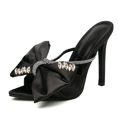 Women's Pointed Toe Rhinestone Strap Black High Heel Mules with Bow