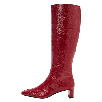 Red Crinkled Finish Square Toe Side-Zipper Heeled Knee High Boots