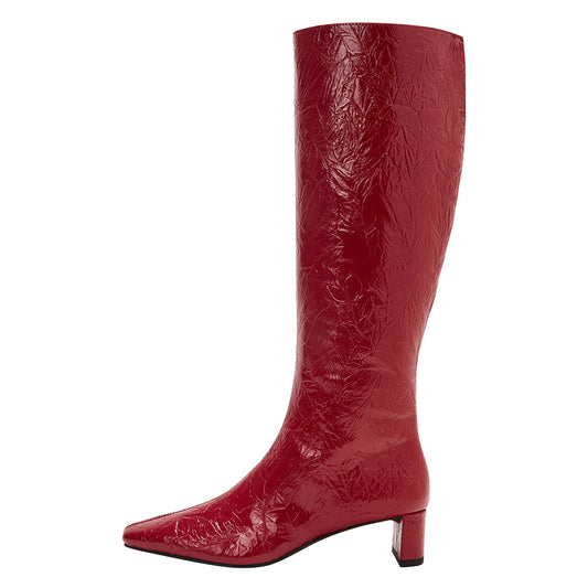 Red Crinkled Finish Square Toe Side-Zipper Heeled Knee High Boots