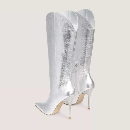 Silver Metallic Pointed Toe 4'' Stiletto Heel Knee High Boots