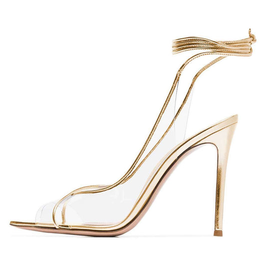 Women's Strap Around Ankle Clear Heels Peep Toe Pumps in Gold