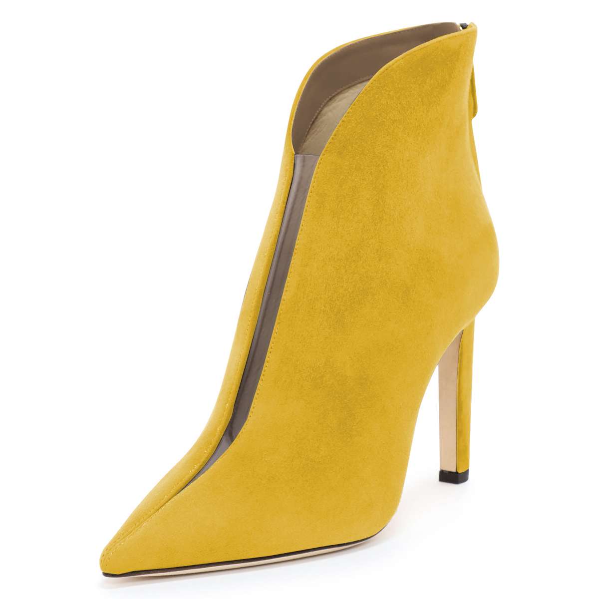 Yellow Vegan Suede Pointed Toe Cut Out Heeled Ankle Boots