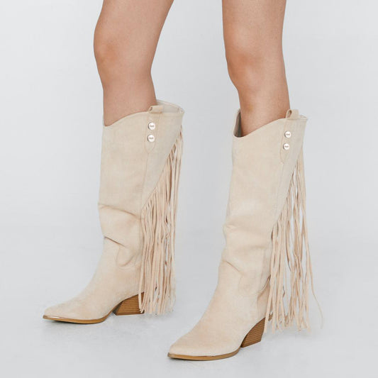 Women's Vegan Suede Pointed Toe Fringe Cowgirl Boots with Pearls