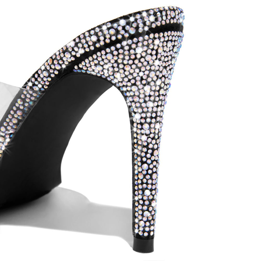 Black & Clear PVC Open Toe 3'' Stiletto Heel Mules with Rhinestone