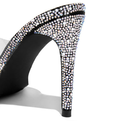 Black & Clear PVC Open Toe 3'' Stiletto Heel Mules with Rhinestone
