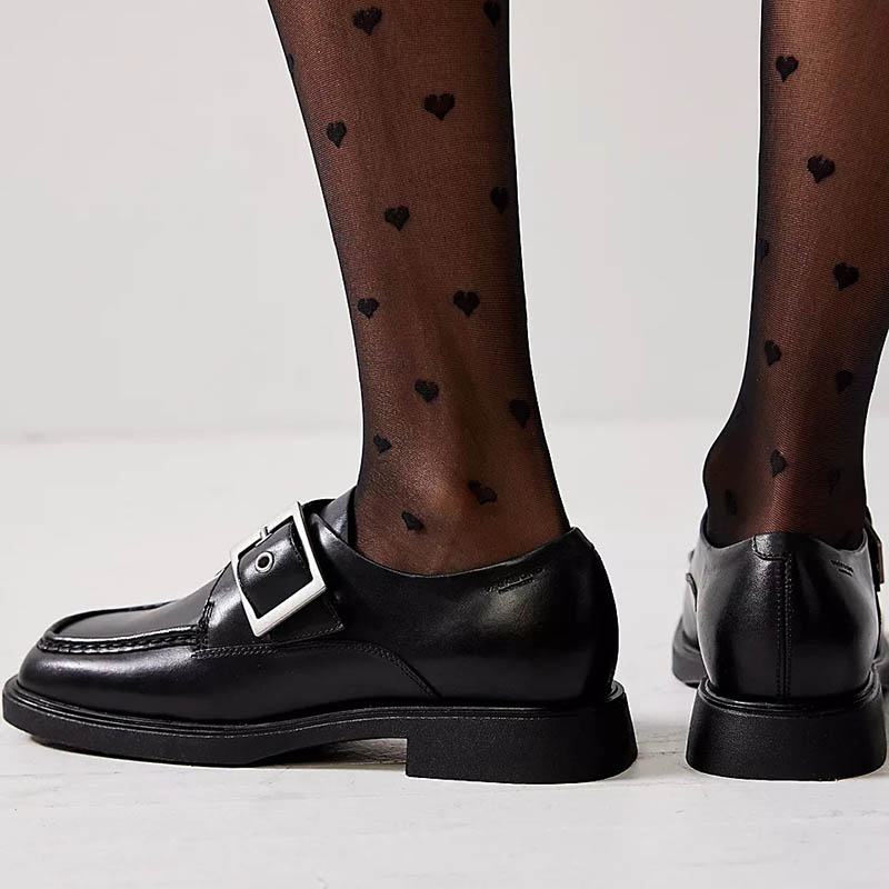 Black Business Casual Shoes Square Toe Buckled Women's Loafers