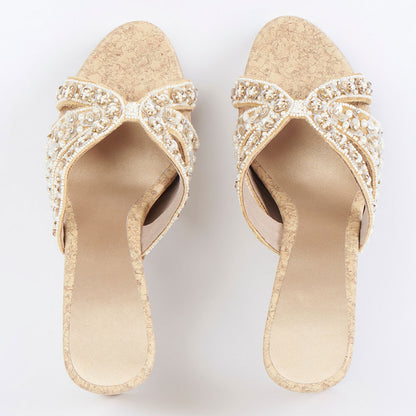 Beige Velvet Pearl Embroidered Platform Wedge Heel Mules Sandals