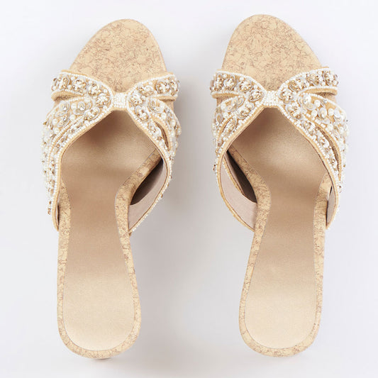 Beige Velvet Pearl Embroidered Platform Wedge Heel Mules Sandals