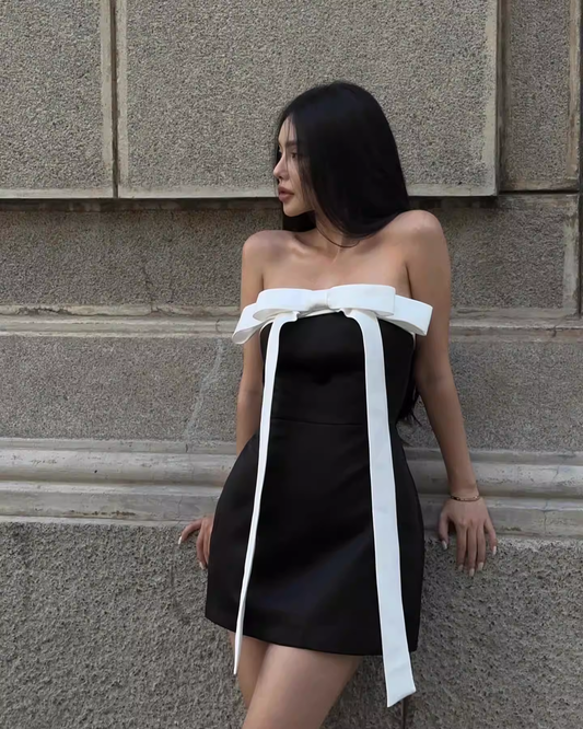 Vintage Black Strapless Sheath Bow Design Mini Dress Homecoming Dress Party Dress Short Cocktail Dress TP5185
