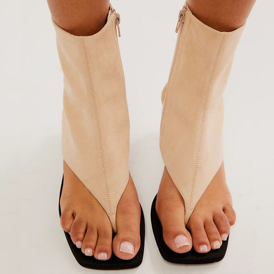 Beige Open Square Toe Kitten Heel Side-Zip Summer Ankle Boots