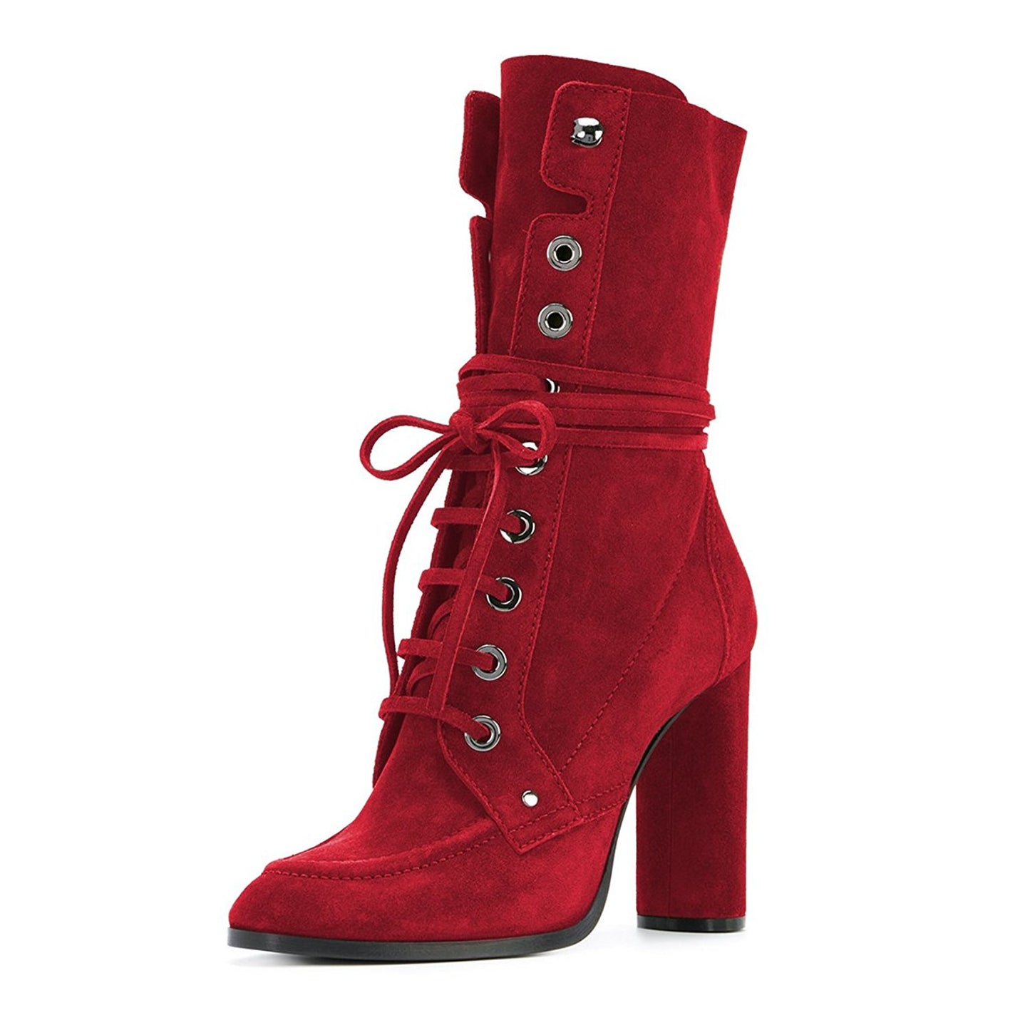 Red Vegan Suede Lace Up Round Toe Chunky Heel Mid Calf Boots