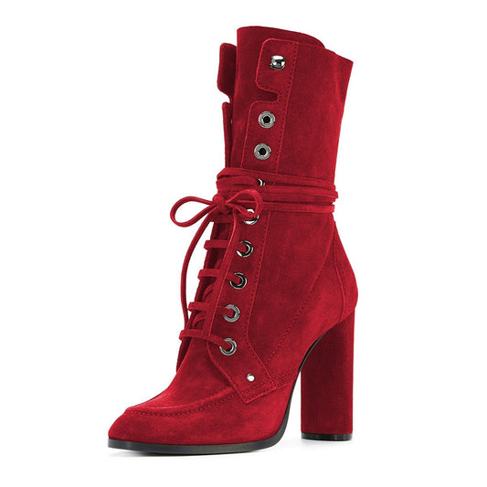 Red Vegan Suede Lace Up Round Toe Chunky Heel Mid Calf Boots