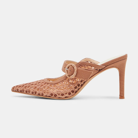 Brown Woven Raffia Pointed Toe Cut-Out Buckle Strap Mule Heels