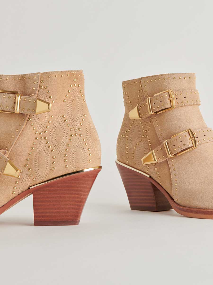 Brown Faux Suede Snip Toe Side-Zip Cowgirl Ankle Boots With Chunky Heels