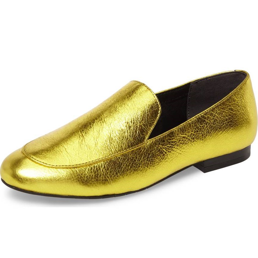 Gold Litchi Grain Round Toe Flats Women's Loafers by FSJ