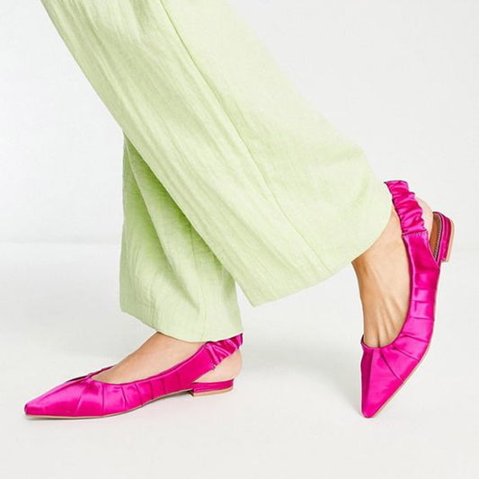 Hot Pink Satin Ruched Pointed Toe Slingback Flat Shoes for Women