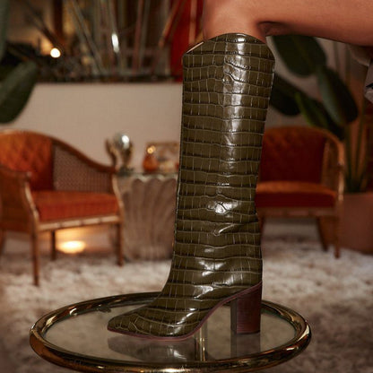 Olive Vintage Pointed Toe Croco Embossed Chunky Heel Knee High Boots