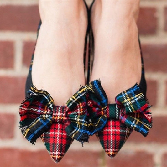 Red and Green Plaid Bow Pointy Toe Comfortable Flats