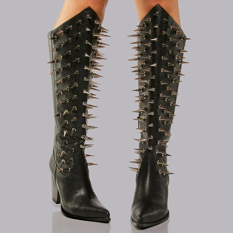 Stylish Black Pointed Toe Rivets Detail Chunky Heel Knee High Boots