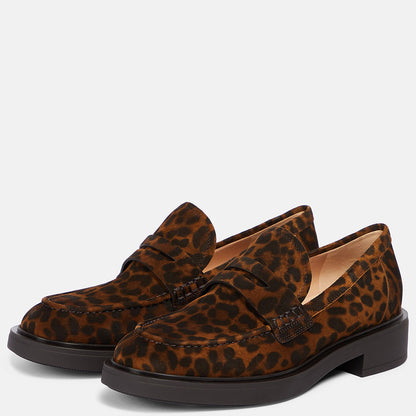 Brown Vegan Suede Leopard Print Flat Penny Loafers for Women