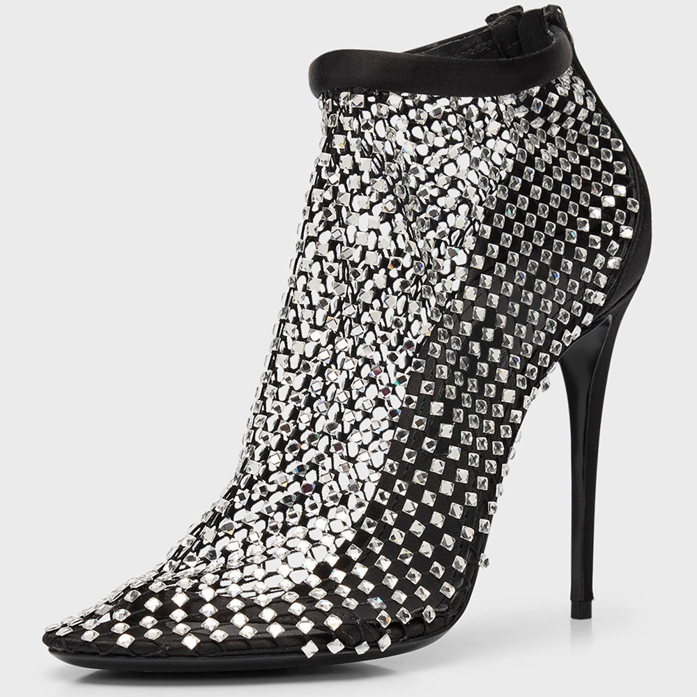 Black Round Toe Stiletto Booties Rhinestone Mesh Ankle Boots