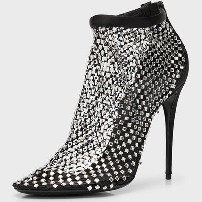 Black Round Toe Stiletto Booties Rhinestone Mesh Ankle Boots