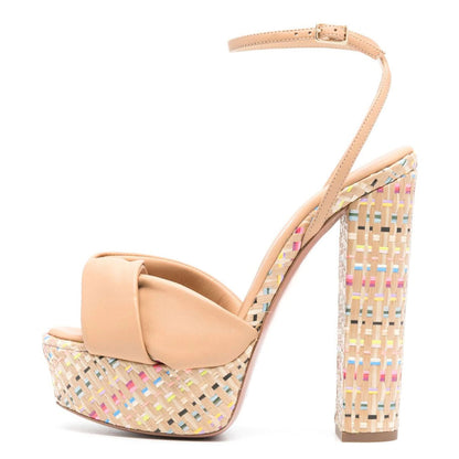 Nude Twist Band Colorful Woven Platform Ankle Strap Heeled Sandals