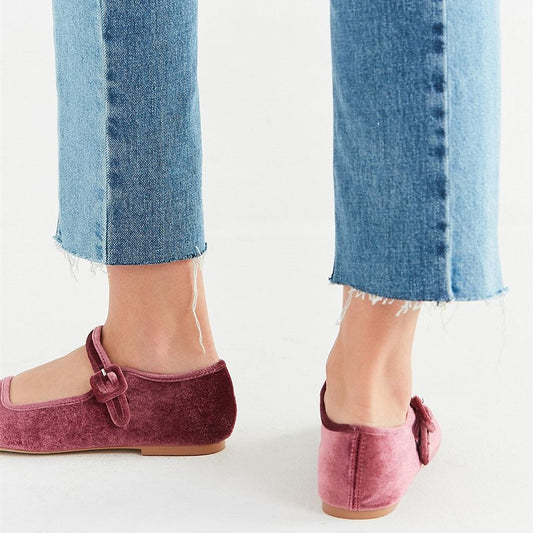 Maroon Velvet Mary Jane Shoes Square Toe Buckle Strap Flats