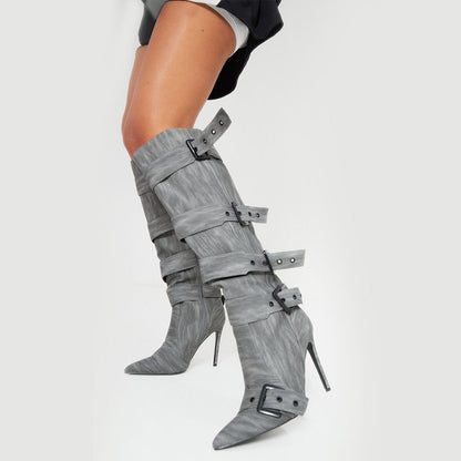 Fashion Grey Stiletto Heels Buckle Knee High Boots for Women