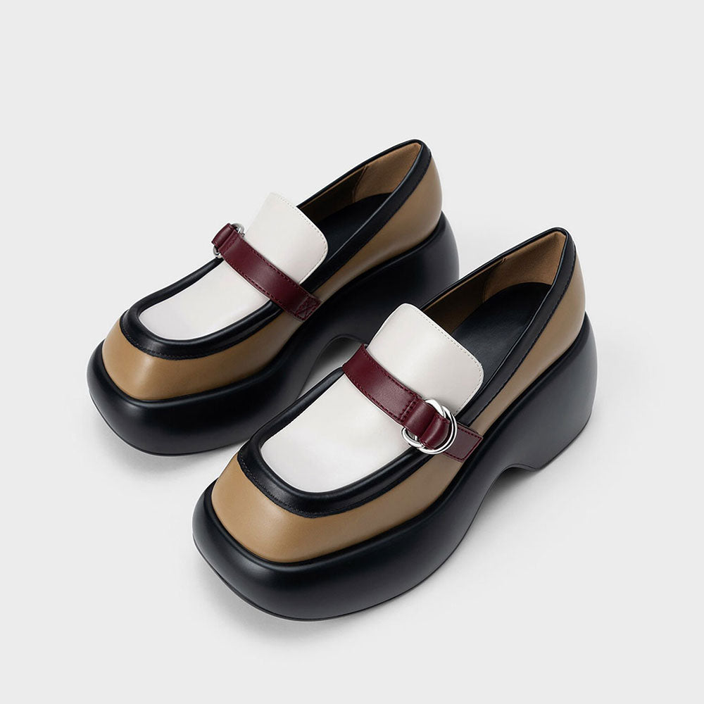 Multicolor Square Toe Buckled Platform Loafers for Women
