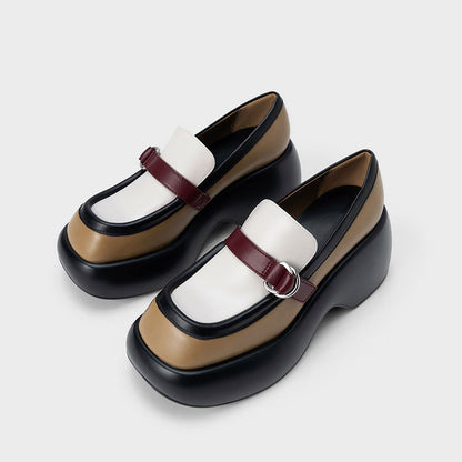 Multicolor Square Toe Buckled Platform Loafers for Women